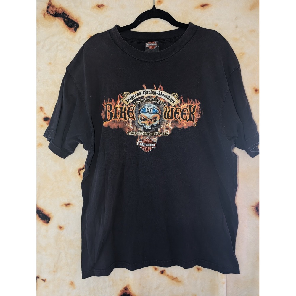Harley Davidson T Shirt Mens XL Black 2008 Daytona Bike Week Skull Flame Graphic